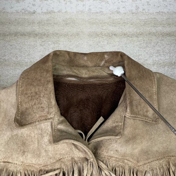 True Vintage 90s Western Suede Leather Jacket Mens M Tan Faux Fur Line Button Up - Picture 5 of 6